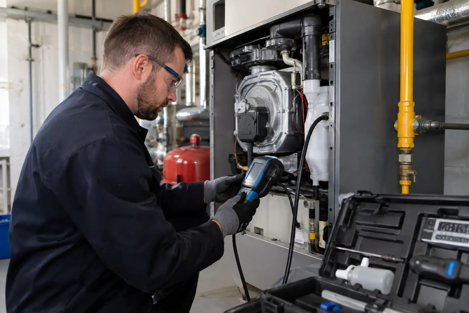 Gas Safe engineer carrying out commercial gas servicing