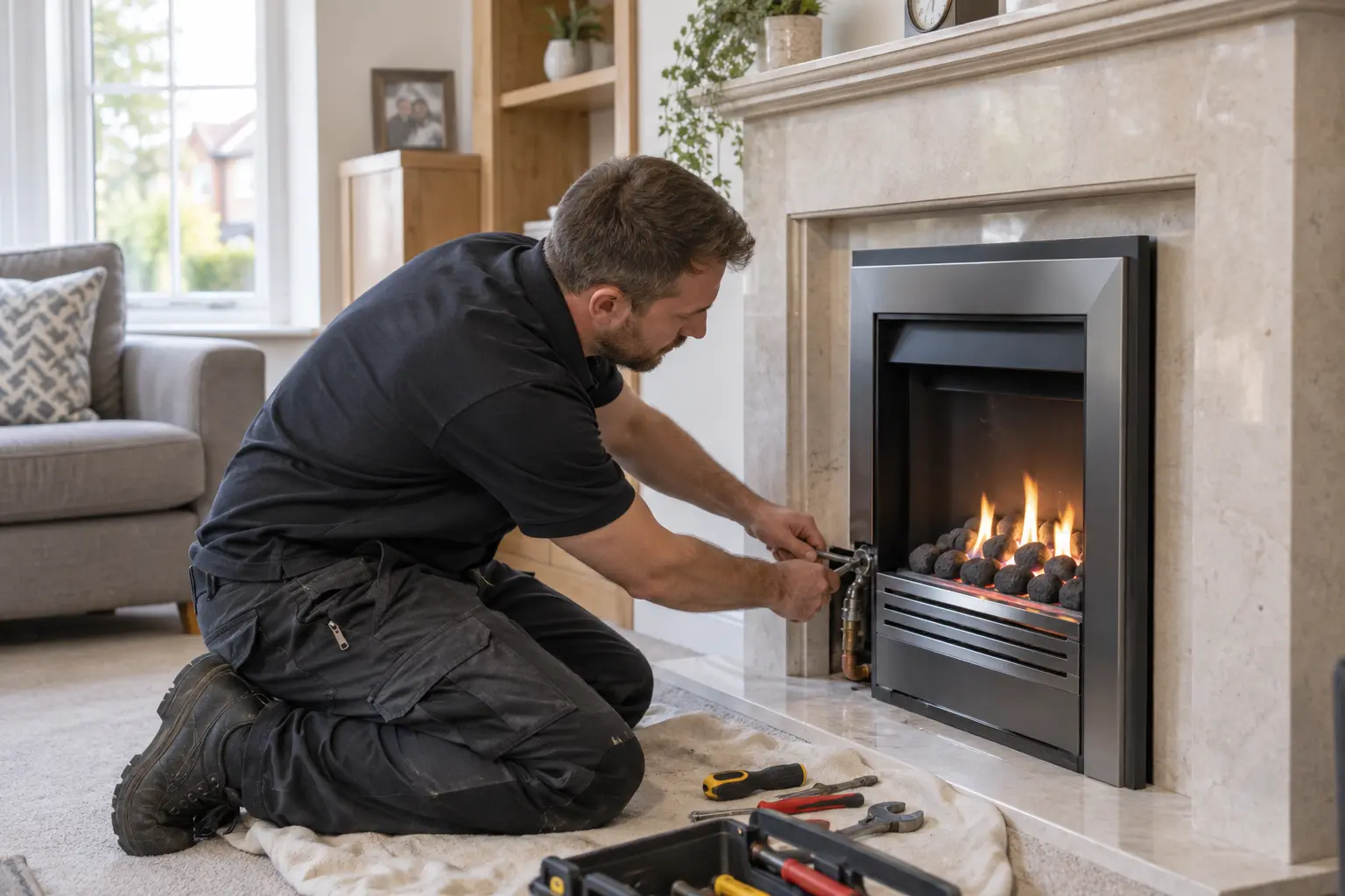 Gas Safe engineer carrying out gas fire installation